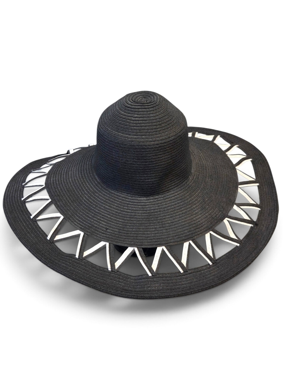 Giovannio New York Black Wide Brim Straw Sun Hat Cutout Zig Zag Lattice Paper
